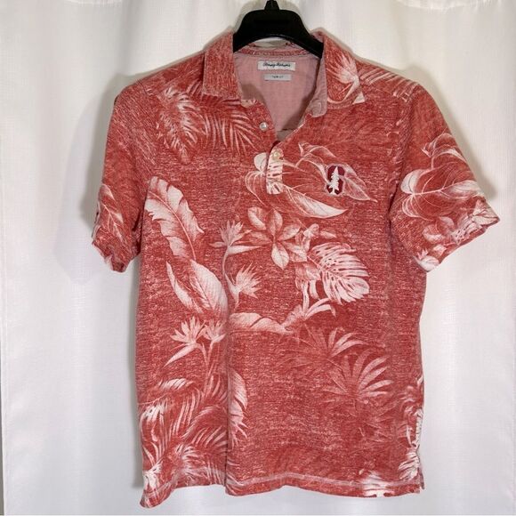 Tommy Bahama Tropical Print Red Trim Fit Polo Shirt Men’s Large - Picture 1 of 9